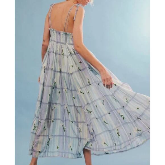 Free People Willow Maxi Dress Striped Embroidered Flowers Blue XS - Picture 3 of 10